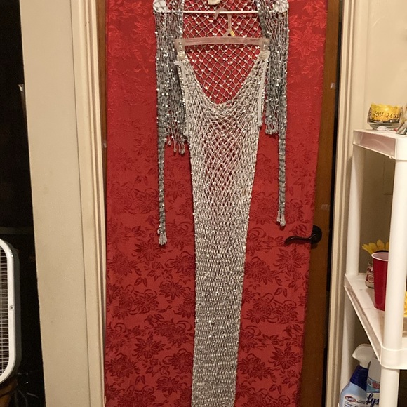 Silver Fish Net Sequence Long Dress With Jacket! 100 % Rayon - Picture 4 of 4
